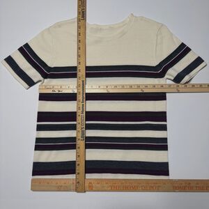 Vintage Striped Knit Short Sleeve Sweater Tee Cream Black Plum Women's